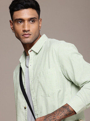 Roadster Men Striped Casual Green Shirt