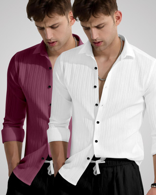 House of Vinay Men Self Design Casual Pink, White Shirt(Pack of 2)
