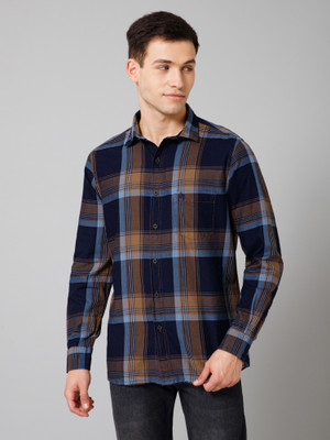 Canatbil Men Checkered Casual Blue, Brown, Dark Blue Shirt