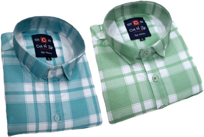 COTnZIP Men Checkered Casual Green, Light Blue Shirt(Pack of 2)