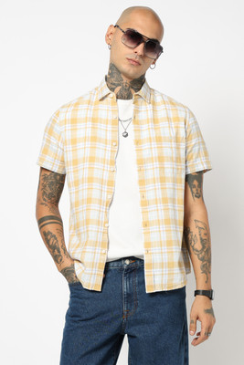 Blue Buddha Men Checkered Casual Yellow, White Shirt