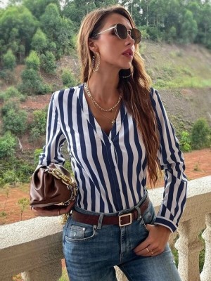 SLYCK Women Striped Casual Blue Shirt