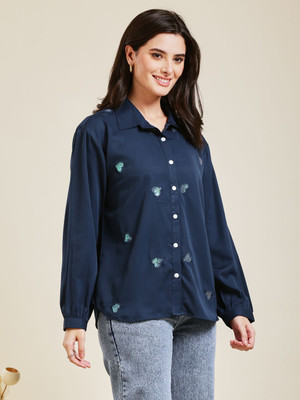J TURRITOPSIS Women Solid Casual Dark Blue Shirt