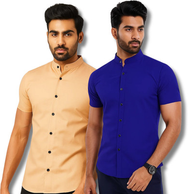 CROWNTAIL Men Solid Casual Orange, Dark Blue Shirt(Pack of 2)