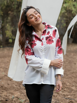 MAYKR Women Printed Casual White Shirt