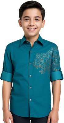 Charchit Boys Animal Print Casual Blue Shirt