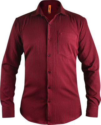 UnM Men Striped Casual Maroon Shirt