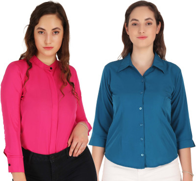 Mamnoon Women Solid Casual Light Blue Shirt(Pack of 2)