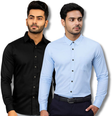 EchoWear Men Solid Casual Black, Light Blue Shirt(Pack of 2)
