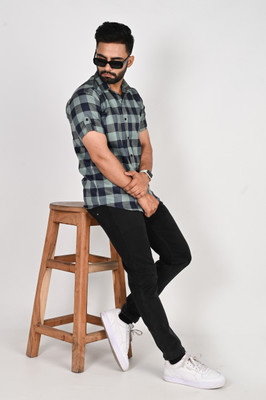 ANP BIHARIKA Men Checkered Casual Dark Blue, Grey, Light Green Shirt