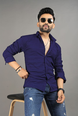 SPOQUE Men Self Design Casual Dark Blue Shirt