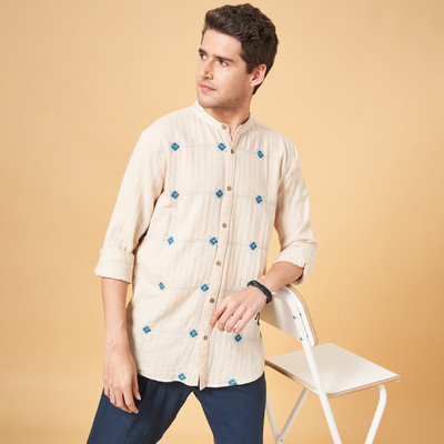 7 Alt by Pantaloons Men Embroidered Casual Beige, Blue Shirt