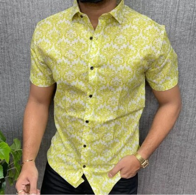 Growflex Fashion Men Floral Print Casual Yellow Shirt