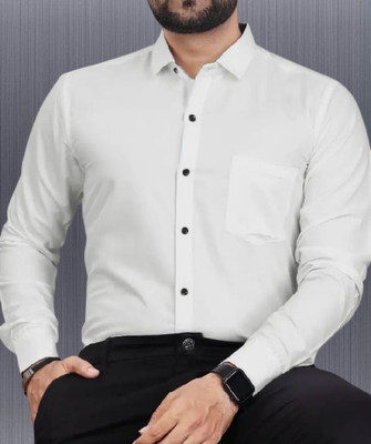 MUMIN Men Solid Formal White Shirt