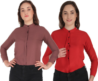 Hunoor Women Solid Casual Pink, Red Shirt(Pack of 2)