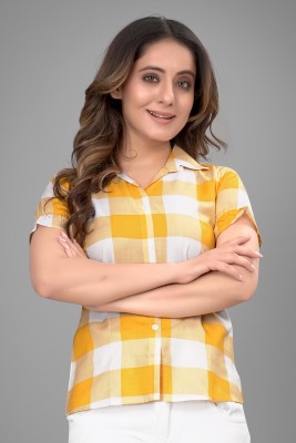 Voroxy Women Checkered Casual Yellow, White Shirt