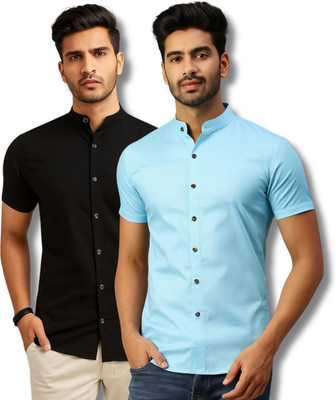 RANGFIT Men Solid Casual Black, Light Blue Shirt(Pack of 2)