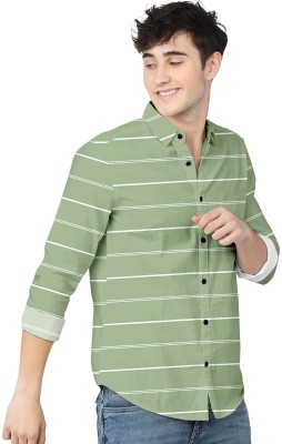 HASINI Fashion Men Striped Casual Light Green, White Shirt