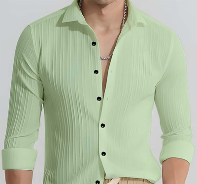 COMBRAIDED Men Striped Formal Light Green Shirt