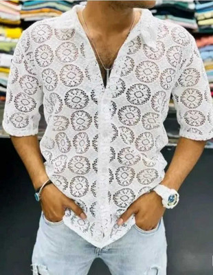 Sk world Men Self Design Casual White Shirt