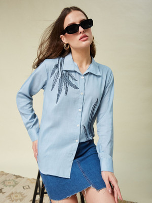 J TURRITOPSIS Women Embroidered Casual Grey Shirt