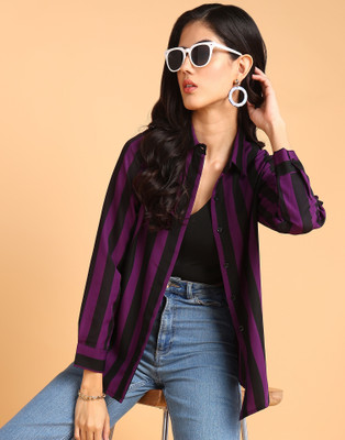 FashFun Women Striped Casual Purple Shirt