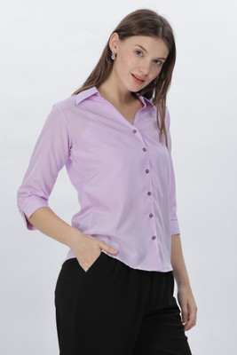 FUBACK Women Solid Casual Purple Shirt