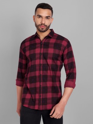 Foomer Men Checkered Casual Maroon, Black Shirt