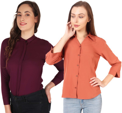Hunoor Women Solid Formal Grey Shirt(Pack of 2)