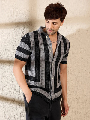 FUGAZEE Men Striped Casual Grey, Black Shirt