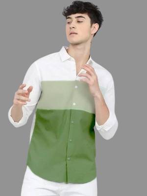 bouffant Men Color Block Casual Green Shirt