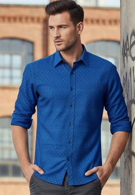Shirteum Men Self Design Casual Dark Blue Shirt