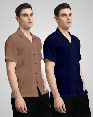HEMAS LIFESTYLE Men Self Design Casual Brown, Dark Blue Shirt(Pack of 2)