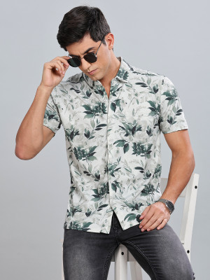 Bullmer Men Printed Casual Dark Green, White Shirt