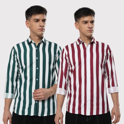 youth first Men Striped Casual Green, Maroon Shirt(Pack of 2)