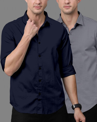 OXXOM Men Solid Casual Grey, Dark Blue Shirt(Pack of 2)