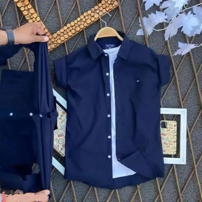 gurukrupa creation Men Solid Casual Dark Blue Shirt
