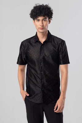 Snitch Men Self Design Casual Black, Grey Shirt