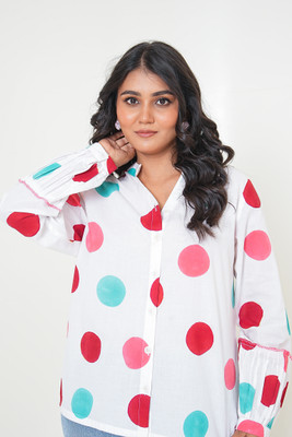 Akaay Stories Women Polka Print Casual White Shirt