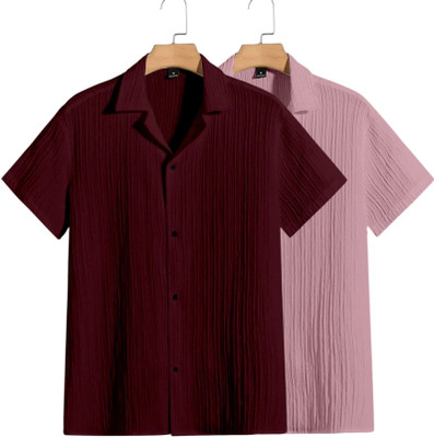 METRONAUT Men Self Design Casual Maroon, Pink Shirt(Pack of 2)
