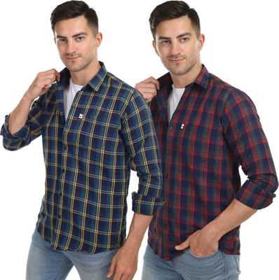 VK WINTER WEAR Men Striped Casual Yellow, Red Shirt(Pack of 2)
