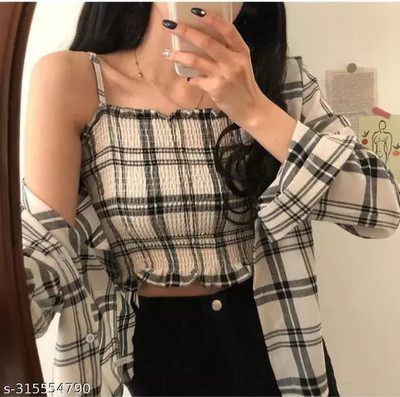 VASHENTERPRIS Women Checkered Casual Black, Grey, White Shirt