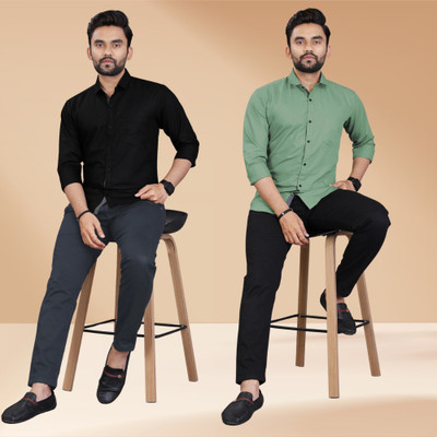 NrV Fashion Men Solid Casual Black, Green Shirt(Pack of 2)