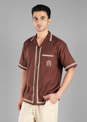 unhynged Men Embroidered Casual Brown Shirt