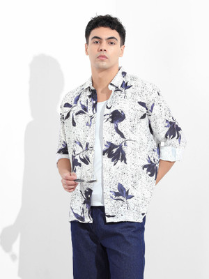 The Indian Garage Co. Men Floral Print Beach Wear White, Blue Shirt