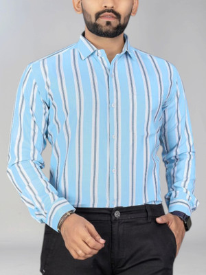 MILDIN Men Striped Formal Light Blue Shirt