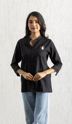 Hunar Women Embroidered Casual Black Shirt