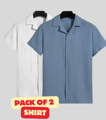 FUBACK Men Solid Casual White, Grey Shirt(Pack of 2)