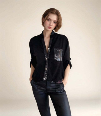 OUTZIDR Women Solid Party Black Shirt