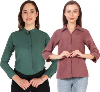 Mamnoon Women Self Design Formal Green, Brown Shirt(Pack of 2)